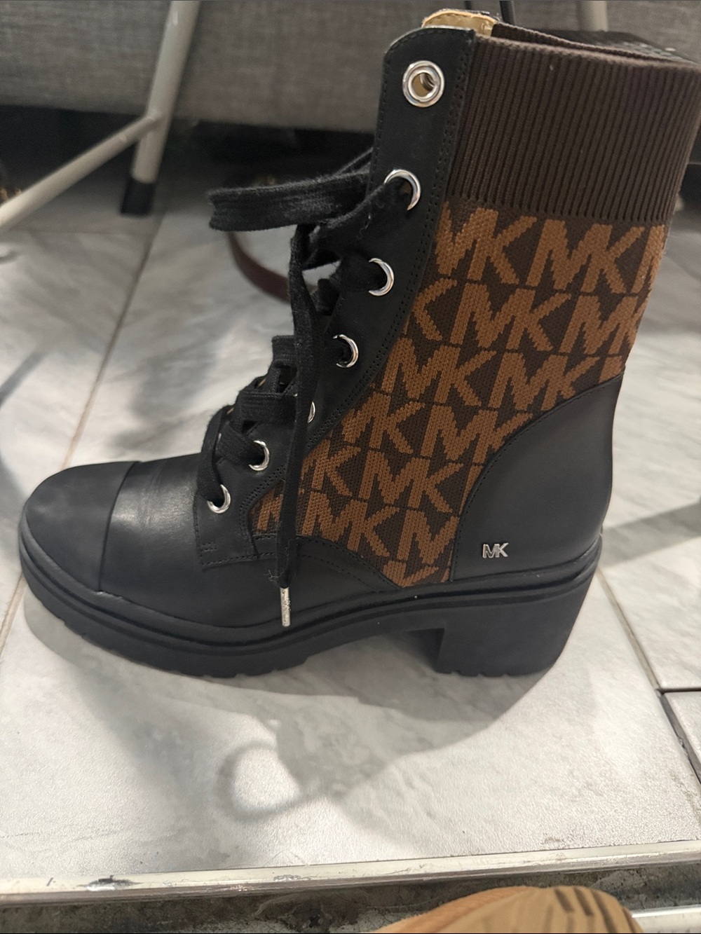 Michael Kors Black Leather & Brown MK Logo Lace-Up Ankle Boots